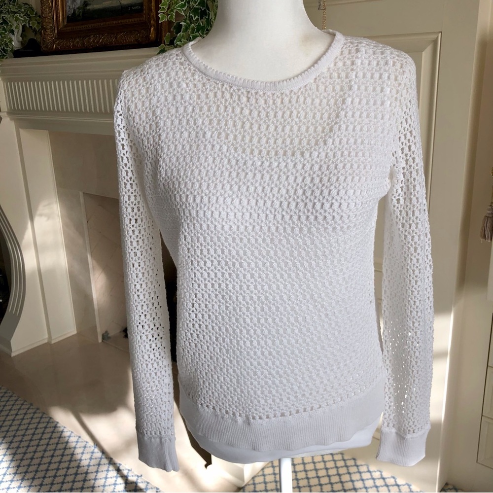 Worth White Cotton Blend Open Work Long Sleeve Pullover New Size M